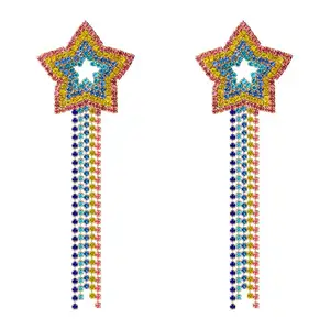 Boho Style Long Multilayer Star shape Crystal Chain Tassel Earrings Rainbow Crystal Dangle Earrings For Girls