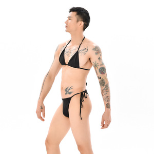 Set di Lingerie Erotica Sexy da Uomo, Bikini Monocolore con Perizoma e Reggiseno con Lacci, Completo Intimo Maschile - Product Image 2
