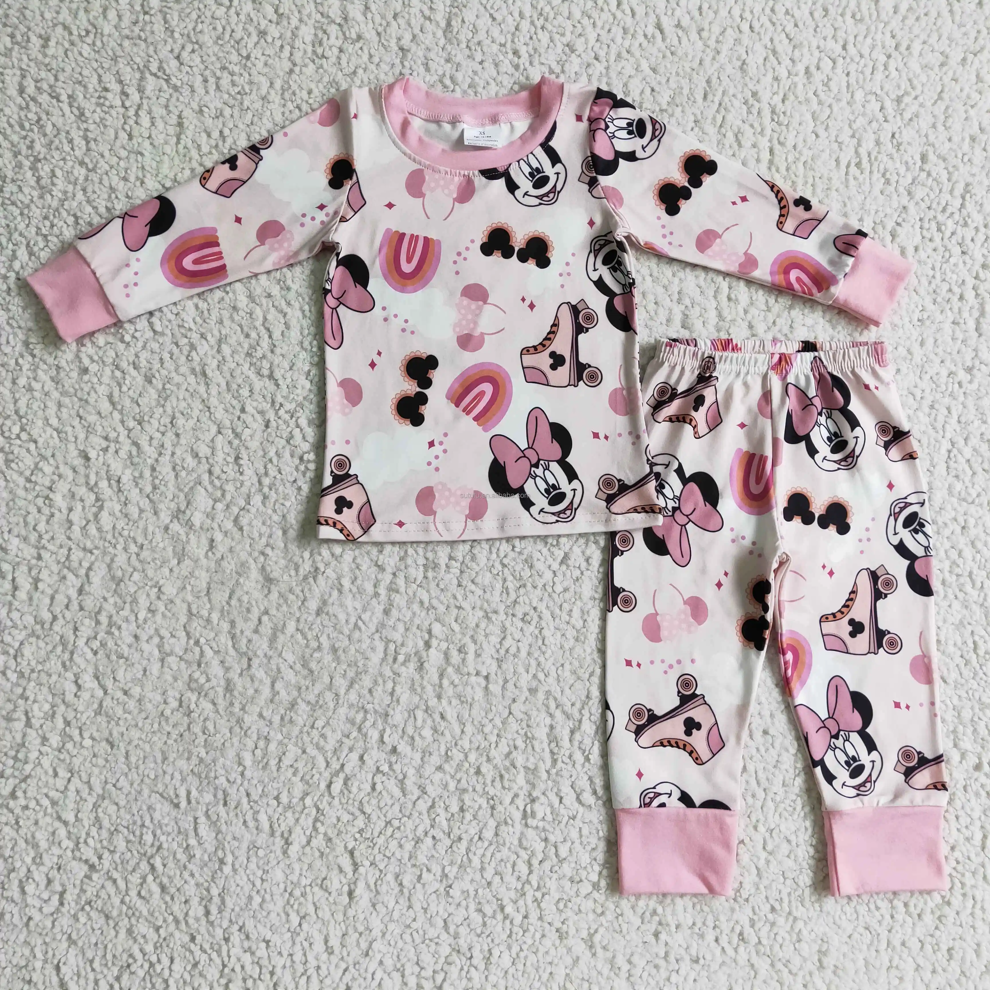 Rosa Cartoon Maus Langarm Pyjama weiche Milch Seide Kinder kleidung und Mädchen Großhandel Kleinkind Mädchen Kleidung Sets