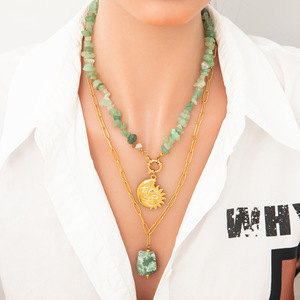 Fashion Layered Necklace Natural Stone Moon Sun Pendant 18K Gold Plated <b>Titanium</b> Steel Clavicle <b>Chain</b> Multi-layer Design - Product Image 1