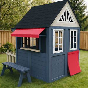 Maison pour enfants Outsunny 3-7 ans avec clôture, support pour plantes, porte et fenêtres, en bois de sapin, bleu - Product Image 3