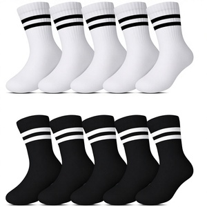 Crew <b>Socks</b> 100% Cotton Striped White and <b>Black</b> Adult Casual Breathable Knitted Spring Daily Wear - Product Image 2