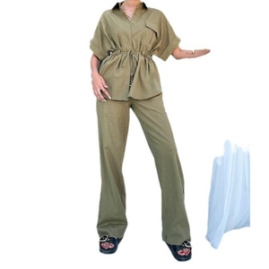 Women's Workwear Style Drawstring Pocket Short-sleeve Shirt and <b>Pants</b> Casual 2-piece Set Fashion - Product Image 1