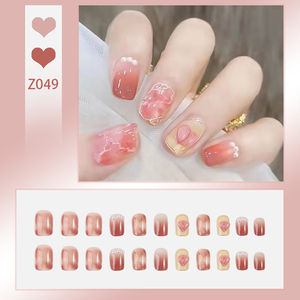 Ongles à presser romantiques rose dégradé courts carrés, <span class=keywords><strong>faux</strong></span> ongles avec cœur 3D et perles, réutilisables, directement <span class=keywords><strong>de</strong></span> l'usine - Product Image 4