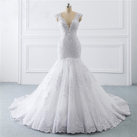 Grande taille robe de mariée sirène dos nu 2021 femmes perle col en V blanc dentelle robe de mariée