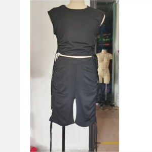 Nuovo Set corto a due pezzi Crop Top estivo senza maniche da donna e pantaloncini con coulisse <span class=keywords><strong>tuta</strong></span> Sports Club eleganti Set Casual da 2 pezzi - Product Image 6