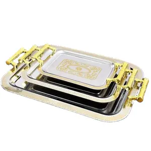 Edelstahl Silber Serviertablett mit Griffen goldenes Serviertablett Edelstahl rechteckiger arabischer Stil Metallmuster-Teller