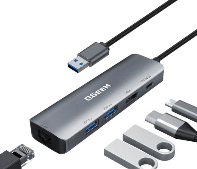 QGeeM USB Hub With H DMI 2K60Hz 2*USB3.0 5Gbps High Data Transfer RJ45 1000Mbps Gigabit Ethernet DC 5V 1A Charging for Laptop