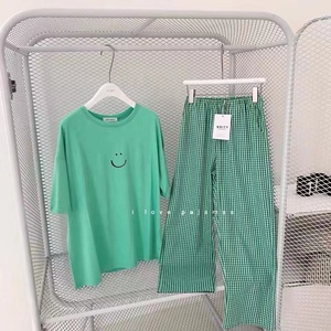 Nouveau femmes Plaid pyjamas pantalon tenue décontracté adulte mode maison sous-vêtements à manches courtes été automne printemps 95% Polyester tricoté - Product Image 5