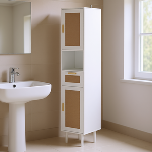 Armoire de rangement de salle de bain autoportante blanche de 67 pouces de hauteur avec portes en rotin, étagères réglables, design rectangulaire étroit - Product Image 2