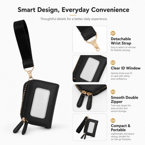 Porte-cartes minimaliste en PU avec dragonne amovible, fenêtre transparente pour carte d'identité, fermeture éclair, compact et portable, 4 pouces, pour cartes de crédit et d'identité - Product Image 1