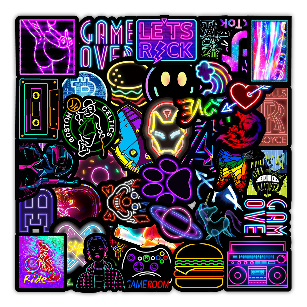 Hot Sell 50pcs Neon Light Anime Sticker Pack For Laptop Phone Skateboard Vinyl Waterproof Decorative Stickers