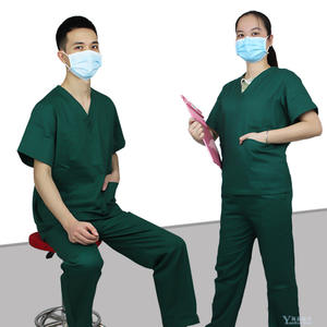 Combinaison de médecin en pur coton vert foncé à manches courtes, ensemble deux pièces, uniforme d'hôpital pour hommes, tissu tissé 100% coton - Product Image 4