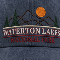 Casquette de baseball unisexe brodée du parc national de Waterton Lakes, bleu marine délavé, à visière incurvée