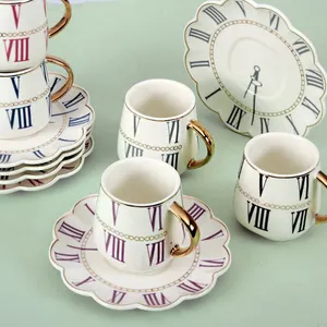 Saat numarası tasarım altın kolu 6 Set Modern lüks porselen kemik çin kahve çay için Espresso kahve bardak ve altlıklar Set