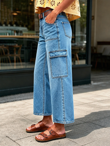 Jeans Cargo da Donna a Vita Alta con Tasche Multiple, Pantaloni in Denim Vintage Larghi e Dritti, Modello 8 Punti - Product Image 5
