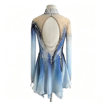 Robe de patinage artistique bleu et blanc dégradé à col montant, dos ouvert ajouré, ornée de strass, manches longues en maille, pour adultes et enfants