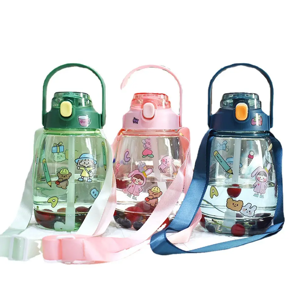 Cute Water Bottles with Straw, water bottle with time stamps to drink, Portable Large-Capacity Straw Cup/Pot Belly Cup