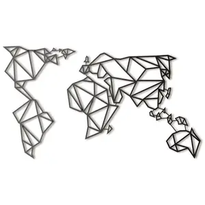 几何世界地图黑色金属3D剪影墙艺术装饰雕塑