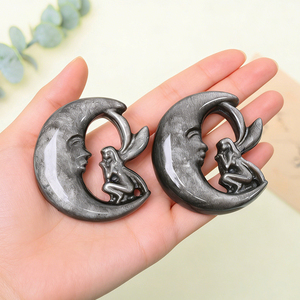 Vente en gros de pierres de guérison en cristal, obsidienne argentée sculptée en forme de lune pour la décoration - Product Image 1