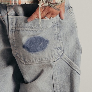 Custom Men <b>Light</b> Blue Washed Patch Wide Leg Carpenter Jeans Loose Baggy Denim Pants Vintage Streetwear <b>Trousers</b> - Product Image 4