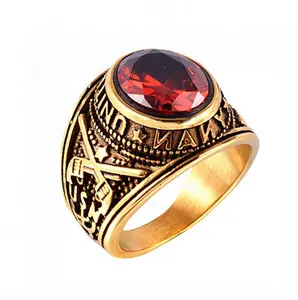 Custom fashion jewelry gold plated double gun design stainless steel red diamond US army navy air force ring