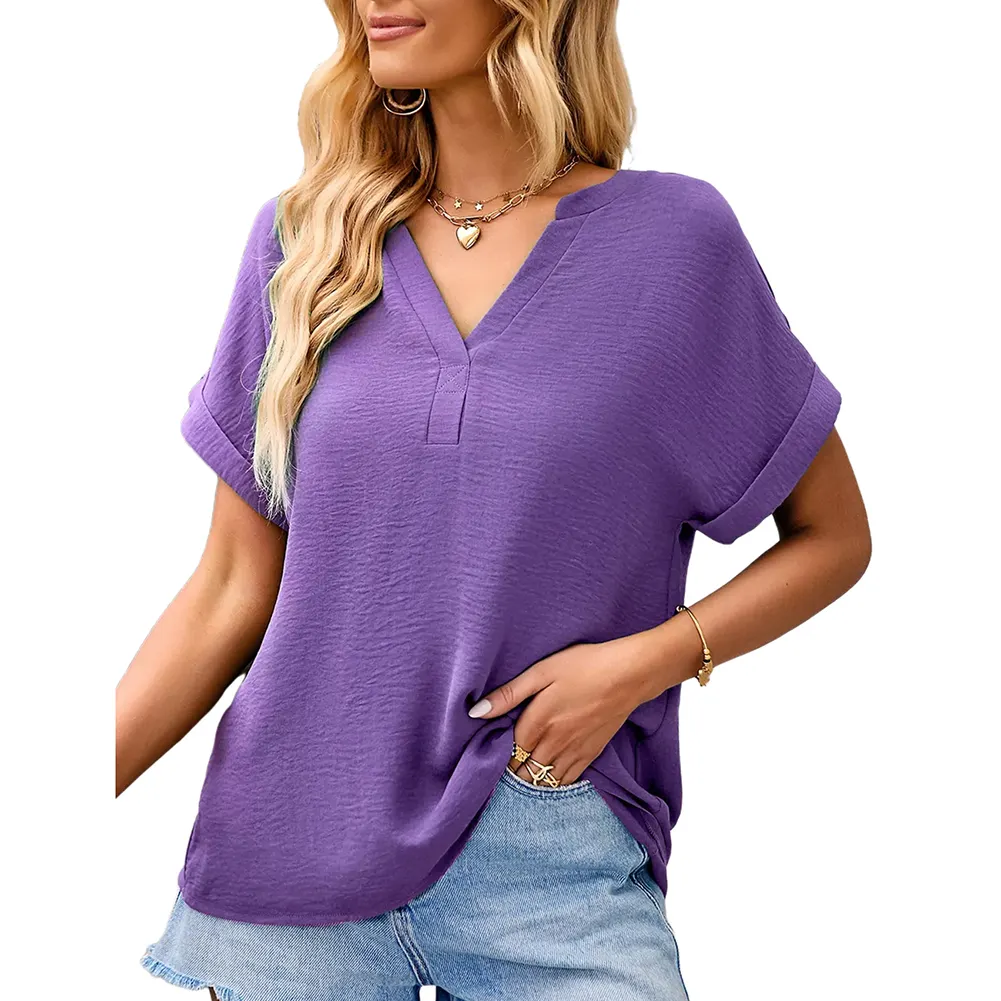 Latest Design Solid Woven Loose Women Tops Ladies Short Sleeves Blouses