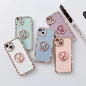 tpu electroplate little bear diamond framed phone case with ring holder phone back cover fashion women girly cute phone case