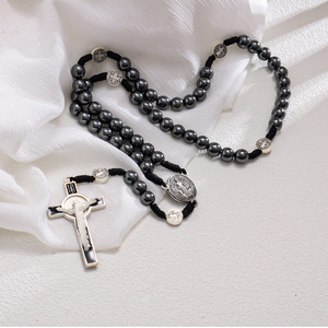 Rosario Cattolico con Perline di Ematite Nera da 8 mm, San Benedetto, Collana con Nodo in Paracord - Product Image 3