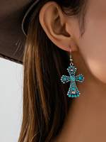 Boucles d'oreilles pendantes bohèmes 2026 Western Till Retro avec pendentif croix en filigrane turquoise pour femmes, bijoux de mode en gros