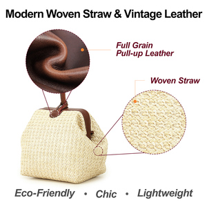 Borsa <span class=keywords><strong>Mini</strong></span> Vintage in Paglia Intrecciata da Donna con Finiture in Pelle, Cinturino da Polso e Chiusura a Cerniera, Borsa a Mano Artigianale Portatile per l'Estate e la Spiaggia - Product Image 2