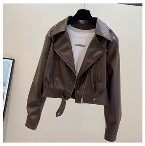 Spring Summer Casual Lightweight Sliming <strong>Women</strong> <strong>Petite</strong> Size Cropped Notched Lapel Short Vegan <strong>Leather</strong> Coat Faux <strong>Leather</strong> <strong>Jacket</strong> - Product Image 2