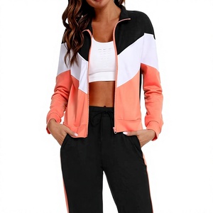 Survêtement zippé color block pour femme, veste de sport à manches longues avec poches latérales, matière respirante en spandex et polyester, idéal pour le printemps - Product Image 1