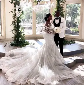 Arabic Aso Ebi Wedding Dresses Sheer Neck Lace Mermaid Long Sleeves Bridal Gowns Plus Size Vintage Wedding Gowns South African