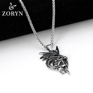 Colliers pendentifs étanches personnalisés en acier inoxydable avec crâne de dragon, bijoux de mode gothiques punk vintage en acier titane pour hommes - Product Image 2