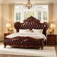 Lit de luxe européen en cuir véritable bordeaux, capitonné, avec tête et pied de lit sculptés en bois, mobilier de chambre à coucher en gros