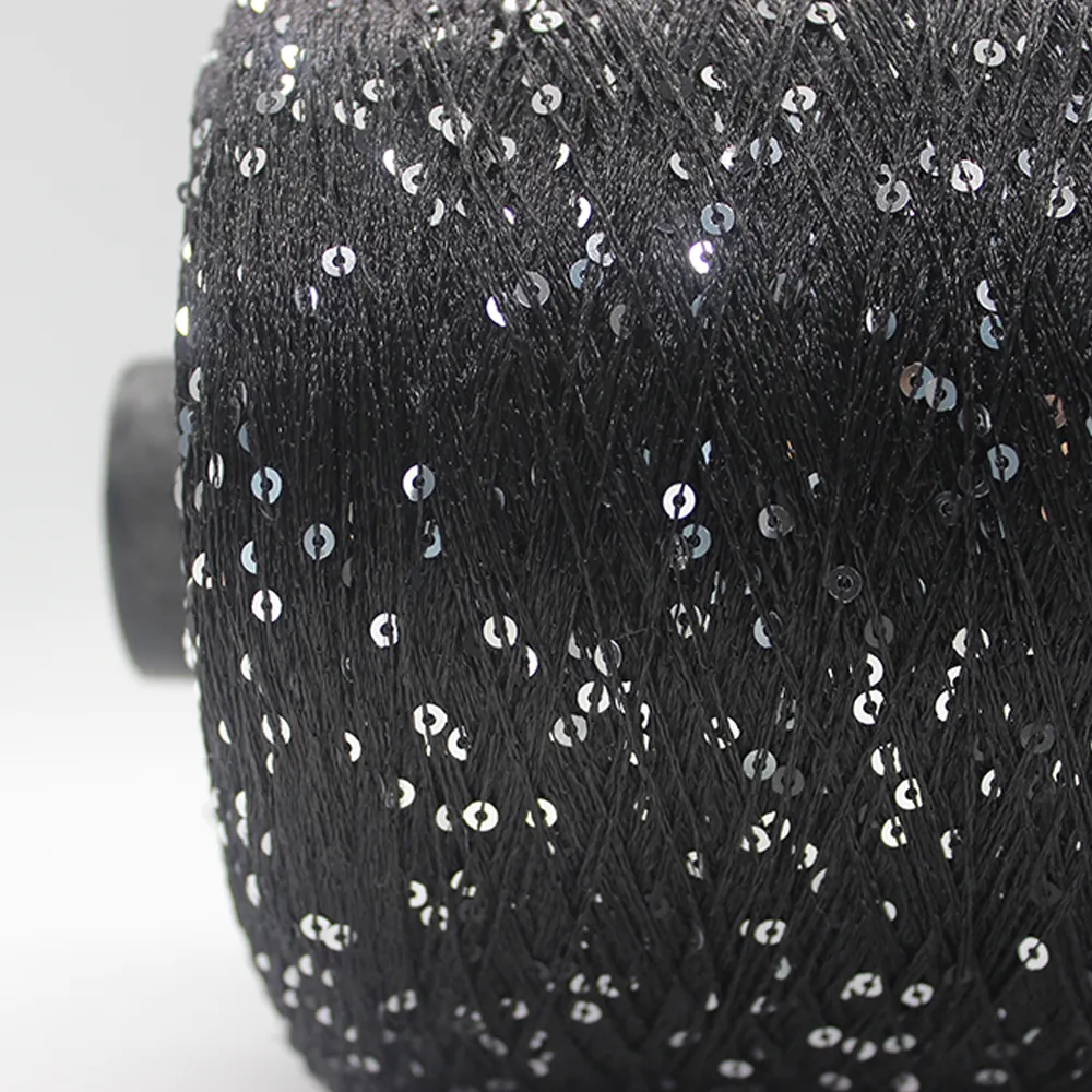 100% Polyester Sequin Yarn In Black 6nm/1 Shiny Silk Yarn Glitter Sparkle Spun Dyed Knitting Sewing/Weaving Recycled Feature