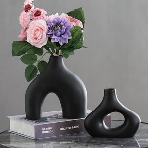 مزهرية سيراميك, مزهرية سيراميك بيضاء وسوداء عالية الجودة مجموعة مكونة من 2 لتزيين المنزل العصري مزهريات دونات مطفأة مستديرة لأعشاب بامبا - Product Image 3