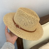 Topi Jerami Panama Vintage Model Datar Berlubang, Cetak Sablon, Unisex, Liburan Musim Panas di Tepi Laut, Gaya Koboi Barat, Pelindung Matahari, Ukuran Kepala 56-58CM