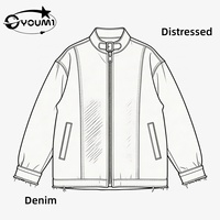 Veste Homme Col Montant en Denim 100% Coton, avec Empiècements, Fermeture Éclair, Bords Effilochés, Poches, Coupe Oversize, Style Vintage Streetwear