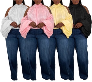 Elegante, sexy Plus-Size Damenblusen, schulterfrei, mit Rüschen, Neckholder, Ballonärmeln, schimmernd, strukturiert, Oversize, für Party und Club. - Product Image 1