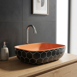 Lavabo de table orange moderne Lavabo carré en céramique pour salle de bain, piédestal de lavage à la main avec décalcomanie en marbre - Product Image 2