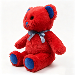 Customized bright <b>red</b> teddy bear, blue accents teddy bear, blue nose and feet bear, blue satin <b>bow</b> teddy bear, fluffy <b>red</b> fur - Product Image 2