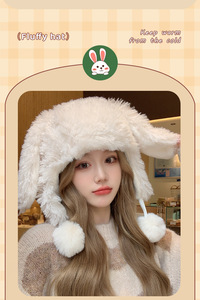 Mùa đông trắng sang trọng phim hoạt hình tai thỏ Lei Feng Mũ Nữ giảm tuổi ngọt ngào và đáng yêu mũ bảo vệ tai ấm áp - Product Image 6