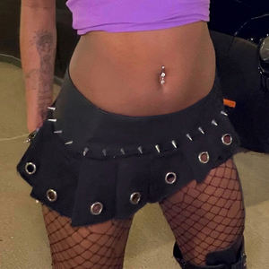 <b>Gothic</b> Eyelet & Zipper Pleated <b>Skirt</b>-A-Line Breathable Washable Natural Waist Autumn Punk Style Mini <b>Skirt</b> for Women - Product Image 2