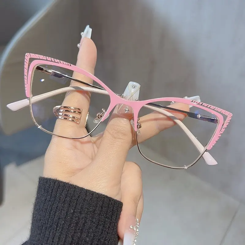 2024 कस्टम लोगो उच्च गुणवत्ता धातु फ्रेम कैट आई आईवियर चश्मा नीली रोशनी पढ़ने वाला ऑप्टिकल चश्मा चश्मा फ्रेम