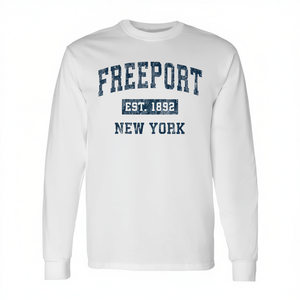 T-shirt a maniche lunghe Freeport New York con stampa blu navy in stile sportivo vintage - Product Image 2