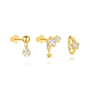 Ensemble de 3 boucles d'oreilles tendance plaqué or S925 avec étoiles et zircons cubiques, vente en gros - Product Image 1