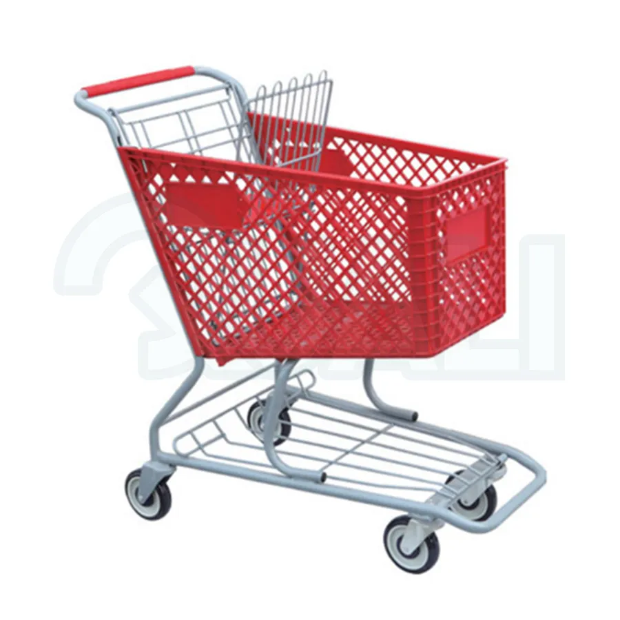 Quali Supermarket Grocery Plastic Push Cart Shopping Trolley With Baby Seat And Coin Lock