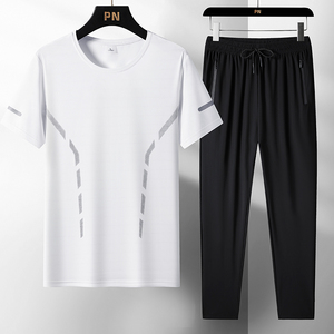 Ensemble de t-shirts à manches courtes pour hommes, personnalisés avec logo, ultra-fins, pour le sport et les loisirs, été, deux pièces avec shorts et pantalons - Product Image 2